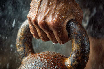 A muscular hand gripping a wet, rusted kettlebell tightly with rain droplets falling, symbolizing strength, perseverance, and intense outdoor workout determination