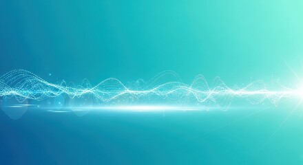 Abstract teal cyan background glowing dotted waveform visualization horizontal energy wave flow