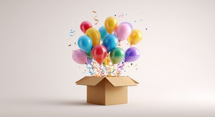 An open cardboard box with colorful balloons and ribbons