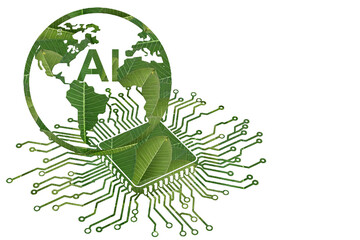 Earth globe with AI text and green leaf on circuit board symbolizing sustainable technology