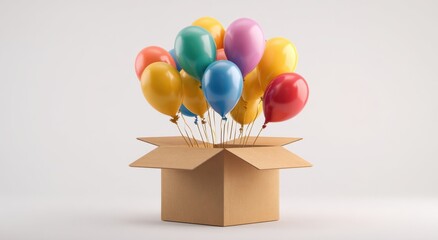 An open cardboard box with colorful balloons and ribbons