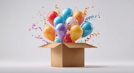 An open cardboard box with colorful balloons and ribbons