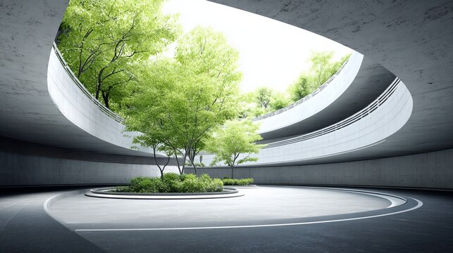 Modern eco green architecture with curved abstract building design and smooth structural lines, featuring an empty concrete floor ideal for car presentation, product display, or 3D scene use - Powered by Adobe