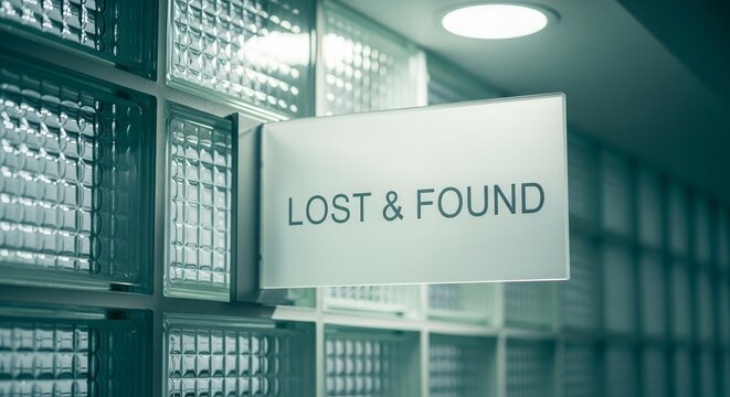 Sign Displays Lost and Found, Situated In Front Of A Glass Block Wall, Modern Design