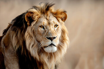 Obraz premium Majestic male lion with a magnificent mane gazes intently into the distance