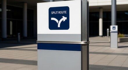 Signage Marking Route Split Indicating Directional Guidance Within Modern Architecture