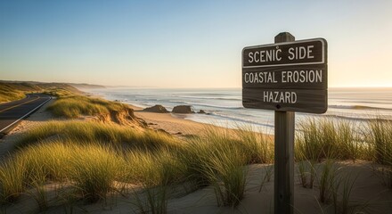 Scenic Coastal Drive with Erosion Warning: A Serene Oceanside Landscape at Sunset