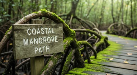 Scenic Coastal Mangrove Path With Wooden Sign And Boardwalk Pathway Through Lush Forest