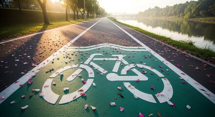 Scenic Bike Path Along a Serene Riverbank with Rose Petals Scattered on Pavement