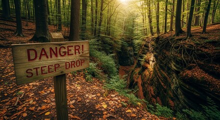 Scenic Forest Landscape With Warning Sign Displaying a Steep Drop Danger Ahead