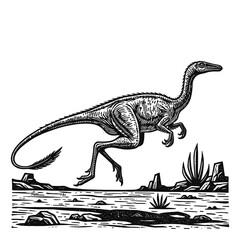 Mononykus Dinosaur Vector Illustrations Clipart Set, Vintage Feathered Raptor Dinosaur, isolated black and white art