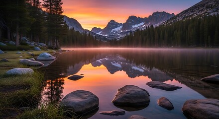 Serene lake reflecting mountains and colorful sky at sunset with rocks in the foreground view
