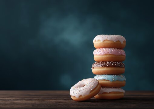Delicious, tall stack of assorted iced donuts (pink, white, blue, chocolate) on a rustic wooden table with dark lighting.