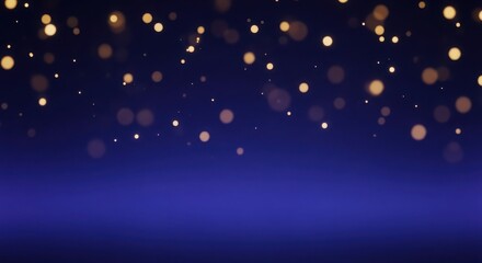 Dark blue background with falling gold bokeh light particles celebrating atmosphere copy space