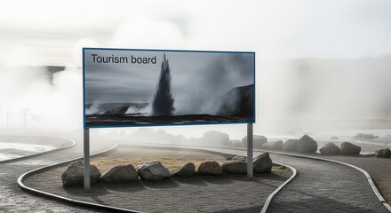 Scenic Landscape Showcasing Geothermal Activity Next To A Tourism Board Informative Sign