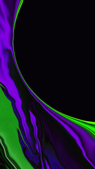 Neon green blur liquid wave on black background. Abstract defocused purple wave. Glitch pop art trippy digital screen. banner. Template. Tech texture. flyer. Virtual Reality. Carbon neutrality. Swirl
