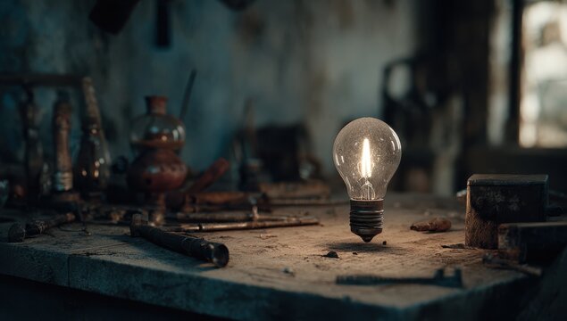 Old-fashioned workshop with light bulbs placed on a dusty table.