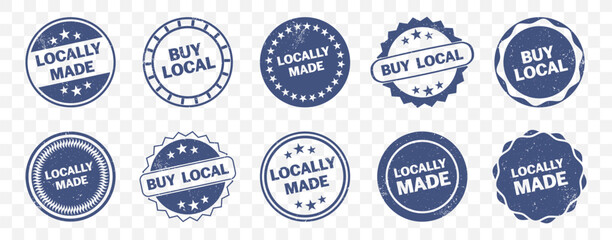 Buy local badges supporting regional business. Stamps with distressed texture for authenticity. Marketing symbols for local economy