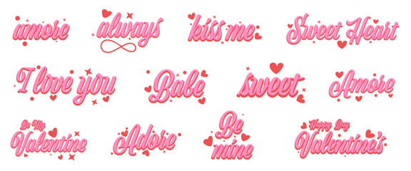 Naklejka premium Romantic lettering with hearts for valentines. Sweet love quotes in pink style. Suitable for cards and cute messages