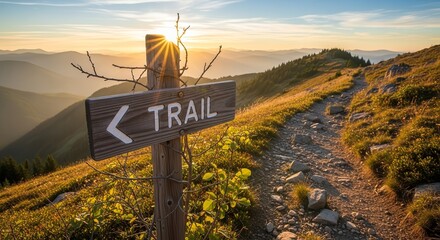 Scenic Mountain Trail Sign Directing to a Hiking Path During a Golden Sunset