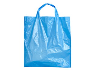 Light blue plastic shopping bag isolated PNG, reusable grocery carrier on transparent background for retail and environmental concepts