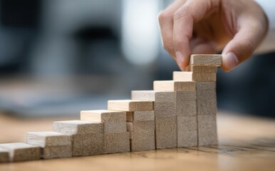 Businessman's hand placing a wooden block on a step, building a structure of success and growth
