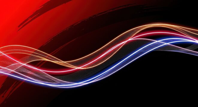 Dynamic abstract neon light waves flowing lines on dark red background digital energy stream