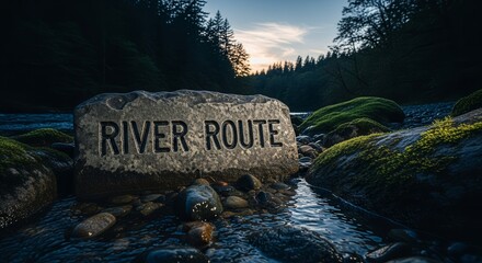 Scenic River Route Sign Nature View With Forest and Water Landscape Scenery