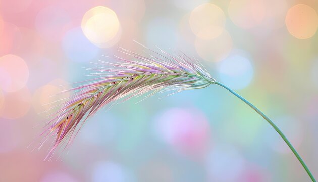 Delicate Dry Grass Seed Head with Water Droplets Illuminated by Soft Bokeh Lights in Pastel Tones