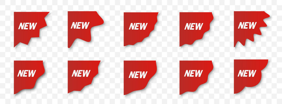 New product labels in bright red. Sale stickers for store promotion and marketing. Bold graphics to highlight fresh arrivals