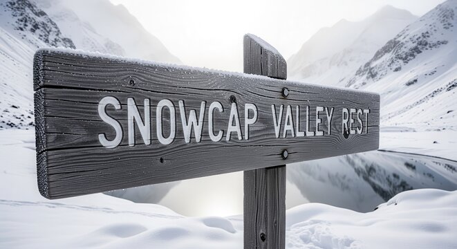 Snowcap Valley Sign Directs Towards Winter Serenity in a Snowy Mountain Landscape