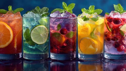 Colorful and vibrant glasses of assorted cocktails with ice cubes, fruit slices