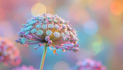 Close up of a delicate white allium flower with soft pastel bokeh background and warm glowing light