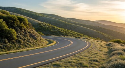 Scenic Winding Road Through Rolling Hills With Golden Sunset Light Over Lush Terrain