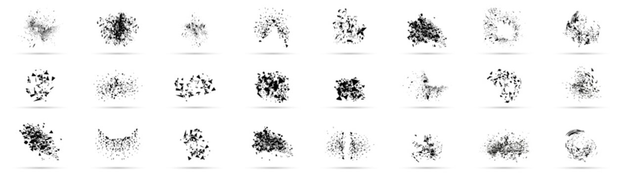 Explosion geometric shape collection. Set of broken element. Destruction effect shapes. Exploded element with spray particles. Broken glass with debris