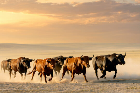 Herd of powerful bulls running across a dusty plain at sunset creating a dramatic scene