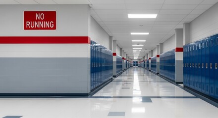 School Hallway with Lockers, Red And White Trim, No Running Sign, Empty Corridor