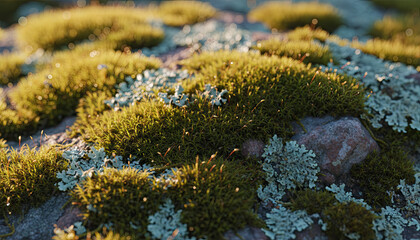 Close up of vibrant green moss and grey lichen growing on a rough textured rock surface illuminated by warm golden hour sunlight creating a soft natural macro scene