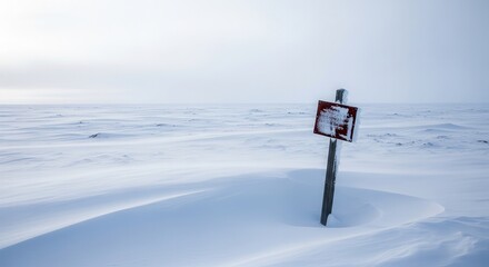 Snowy Wilderness Landscape Signpost Under Cloudy Sky, Winter Scene Arctic Exploration