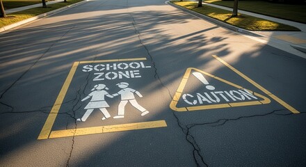 School Zone Road Marking Sign Indicating Safety near Educational Institution, Caution Ahead