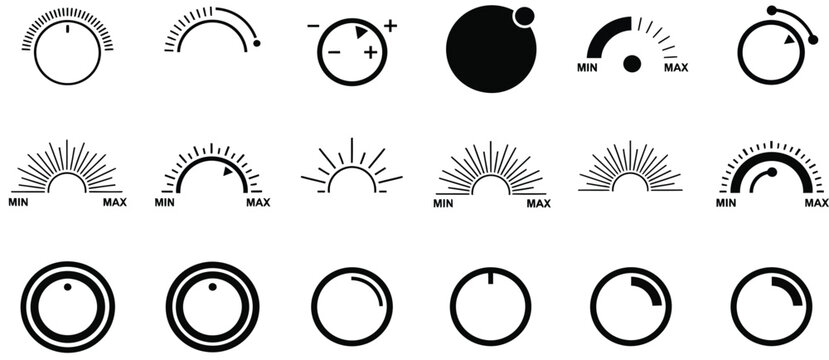 Collection of black and white icons representing volume and control knobs dial indicator