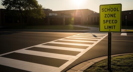 School Zone Roadway With Crosswalk Sign Signaling Reduced Velocity During School Hours