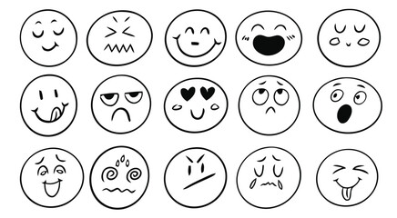 Fifteen hand drawn emoticons showing various emotions and expressions face happy