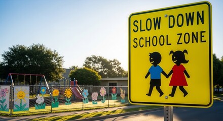 School Zone Sign and Playground Scene, Emphasizing Safety, Education, and Playtime
