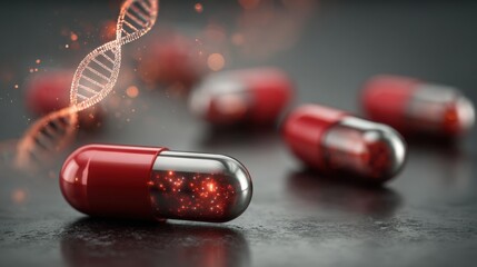 several red and chrome capsules on a matte graphite surface. A digital DNA double-helix glows above one capsule