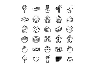 Confectionery Icon Set: Black and White Sweets and Treats, Vector Candy & Dessert Symbols: Thin Line Sugar and Bakery Graphics, Monochromatic Sweet Shop Icons: Unique Line Art Treats Collection