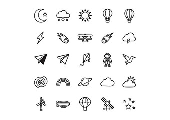 Weather and Sky Icon Set: Monochromatic Celestial Symbols, Vector Climate Icons: Black and White Forecast and Nature Elements, Thin Line Sky Pictograms: Atmosphere, Meteorology, and Celestial Bodie