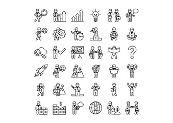 Vector Business Icons: Unique Professional Actions, Black and White Line Art: Entrepreneur & Career Development Symbols, Modern Thin Line Businessman Icon Set: Success, Strategy, and Growth