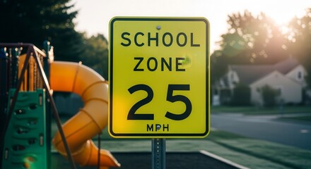 School Zone Sign Displayed Near Playground Emphasizes Safety and Low Speed Limits