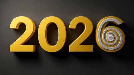 3D 2026 Numbers with Gold-Yellow Digits and Spiral Silver-White “6” on Neutral Gray Surface